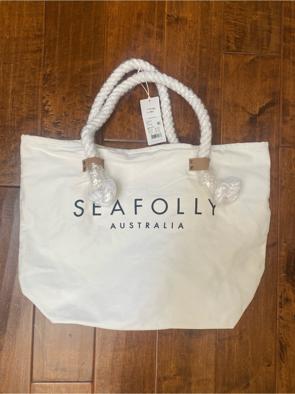 Seafolly White Canvas Tote with Twisted Rope Handles